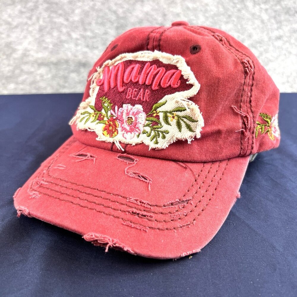 Mama Bear Embroidered 4350 District Cap Hat With Hook Loop Back Red Distressed